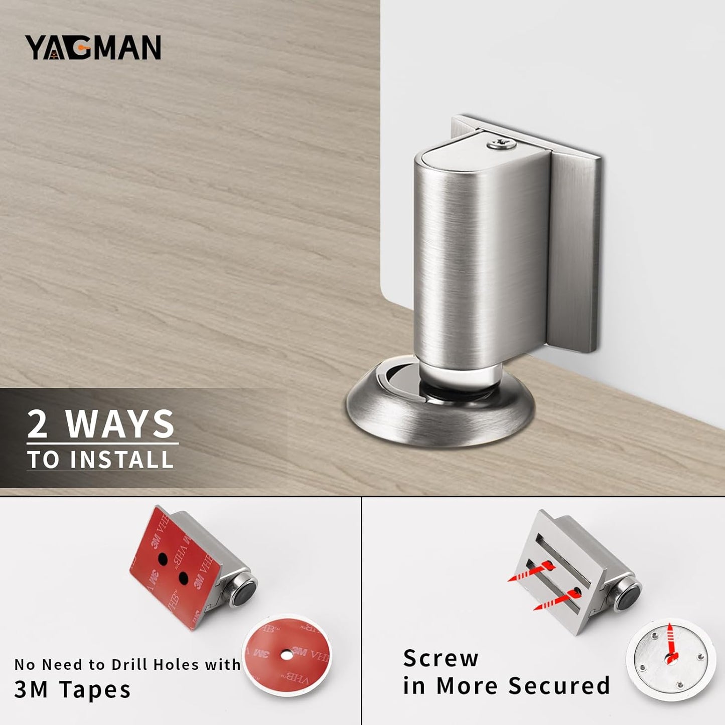 1 Pack Magnetic Door Stoppers Retractable Bottom of Door Holder No Drilling Mount Floor Door Stop with Screws and Adhesive Catch Door Keep Door Open Brushed Nickel BN-1