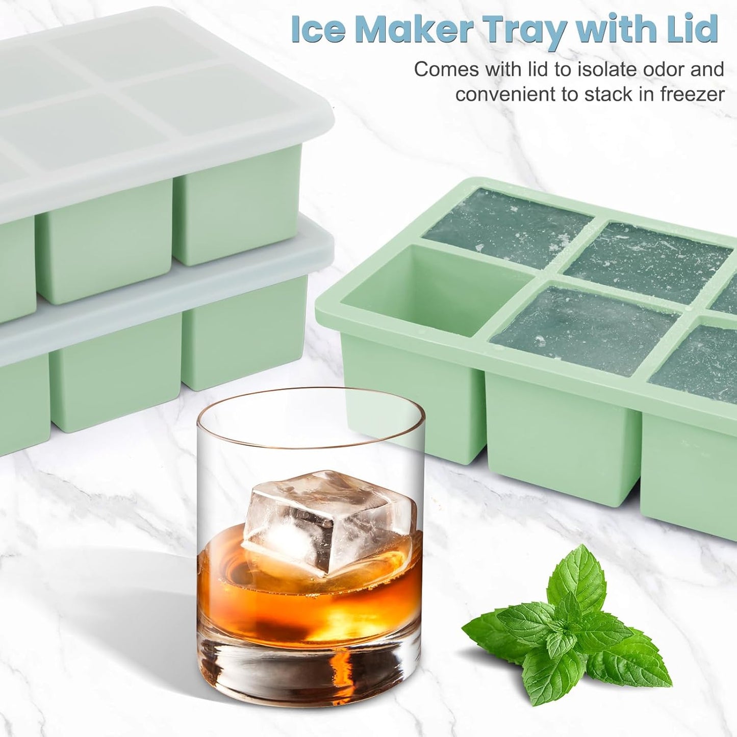 Large Silicone Ice Cube Tray 3Pack, SAWNZC Big Square Ice Cube Molds for Whisky Cocktail, Ice Maker Tray with Lid for Freezer, Easy Release (3, Mint Green)
