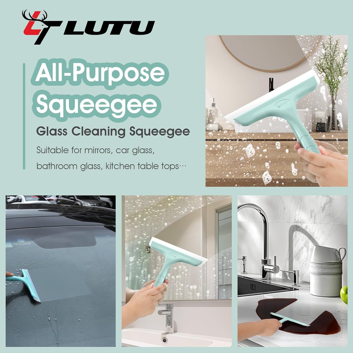 Shower Squeegee for Glass Doors, Bathroom Squeegee for Shower, Mini Window Squeegee, Home Bathroom Silicone Cleaner Tool, Suitable for Bathroom, Kitchen, Tile, Mirror, Car Glass, 8in Lake Blue