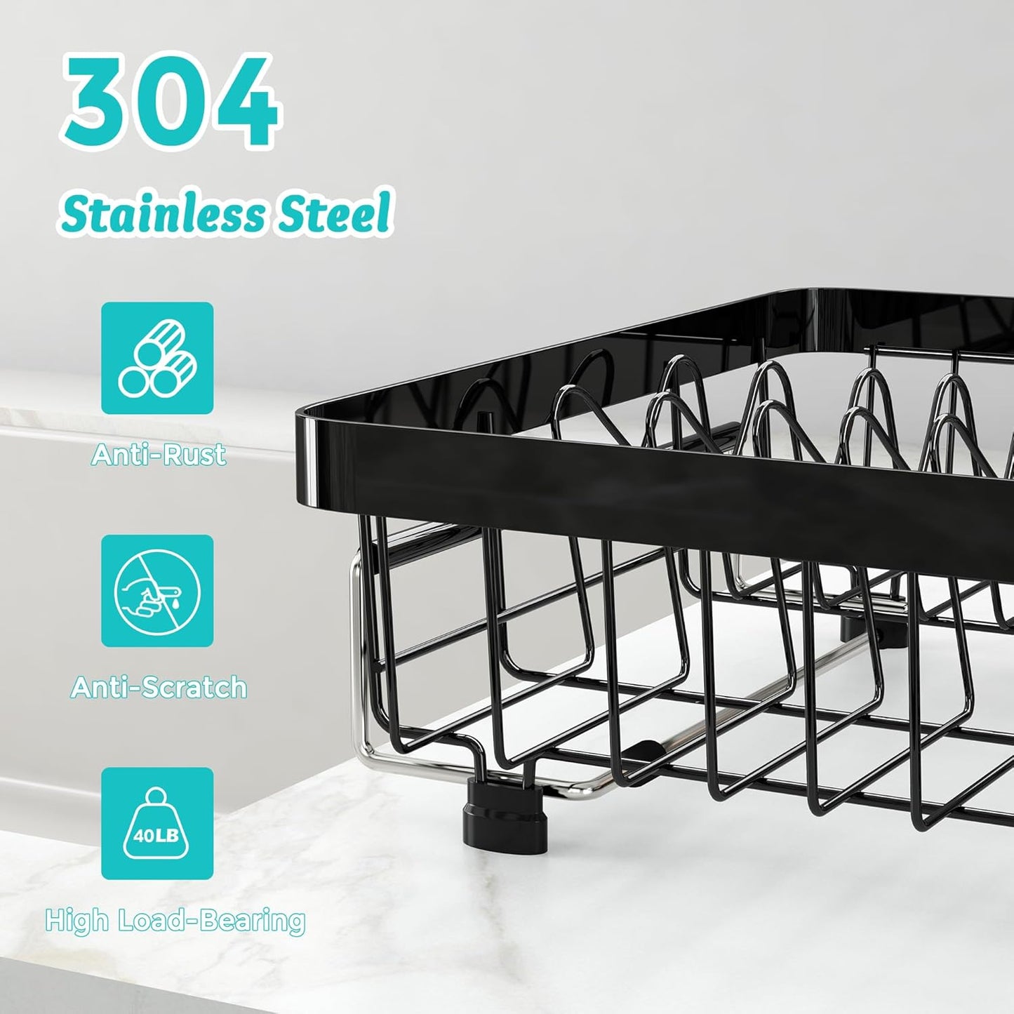 Small Expandable Over The Sink Dish Drainer Drying Rack In Stainless Steel Metal For Kitchen, Counter Space Saving Black Compact Above Plate Dryer Strainer, Adjustable Hanging Inside Sink Drain Holder