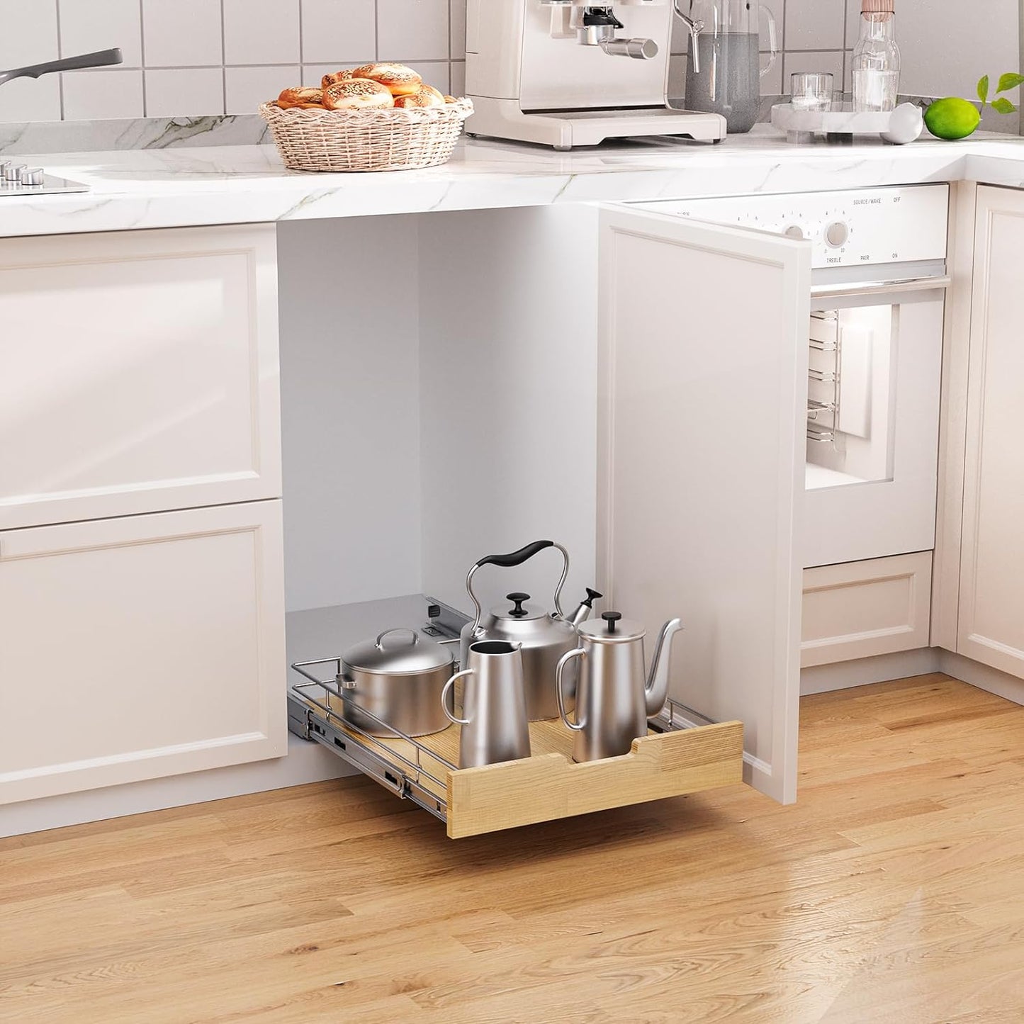 Pull Out Cabinet Organizer,Heavy-Duty Slide Out Shelf, Wood And Wire Basket, Pull Out Drawer for for Kitchen Under Sink Space, Pantry, Bathroom (23 * 21 WM)