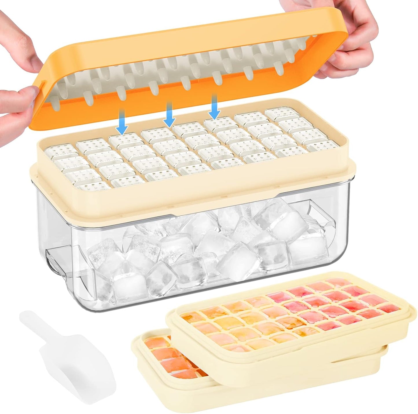 PHINOX Ice Cube Tray with Lid and Bin, Ice Trays for Freezer, Flexible Ice Cube Trays, Making 64 pcs Ice Cubes, Chilling Cocktail, Whiskey, Coffee, with 2 trays, Ice Container, Scoop&Cover, BPA Free