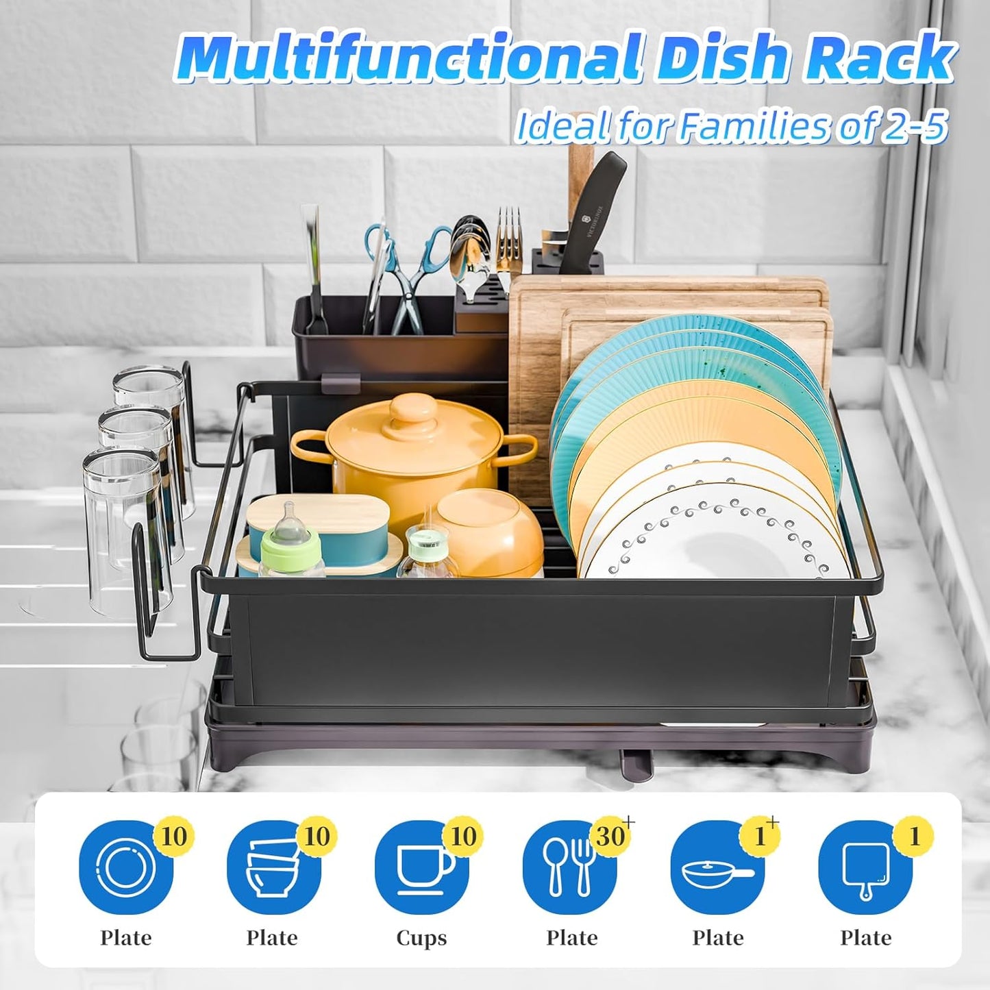 Simple Trending Dish Rack, Steel Dish Drying Rack for Kitchen Counter, Dish Drainer with Cutlery Holder for Large Capacity, Dish Drying Rack with drip Tray, Black