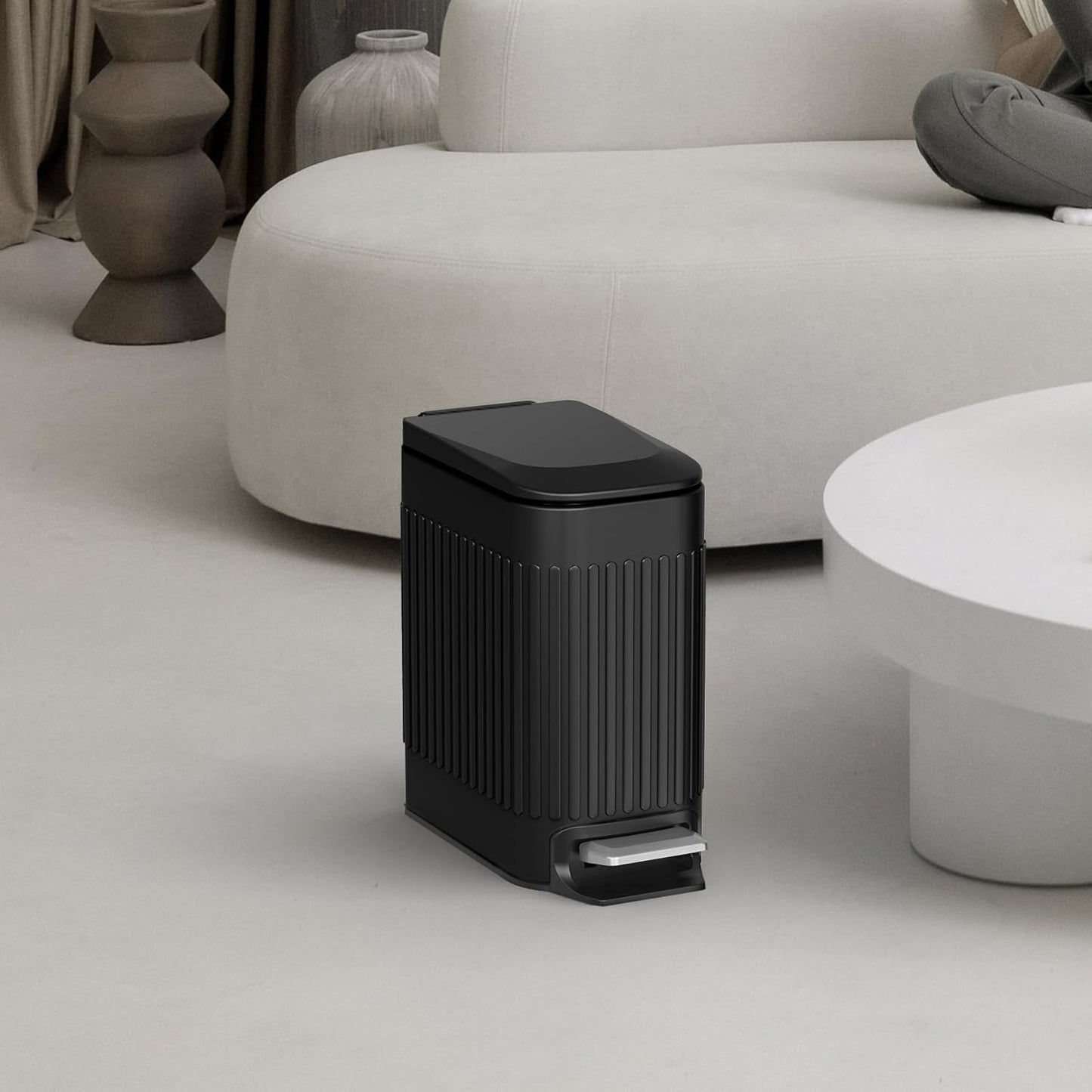 TrashAid Small Black Bathroom Trash Can with Lid Soft Close, 6 Liter / 1.6 Gallon, Stainless Steel Garbage Can with Removable Inner Bucket, Step Pedal, Slim Wastebasket for Toilet, Office, Bedroom