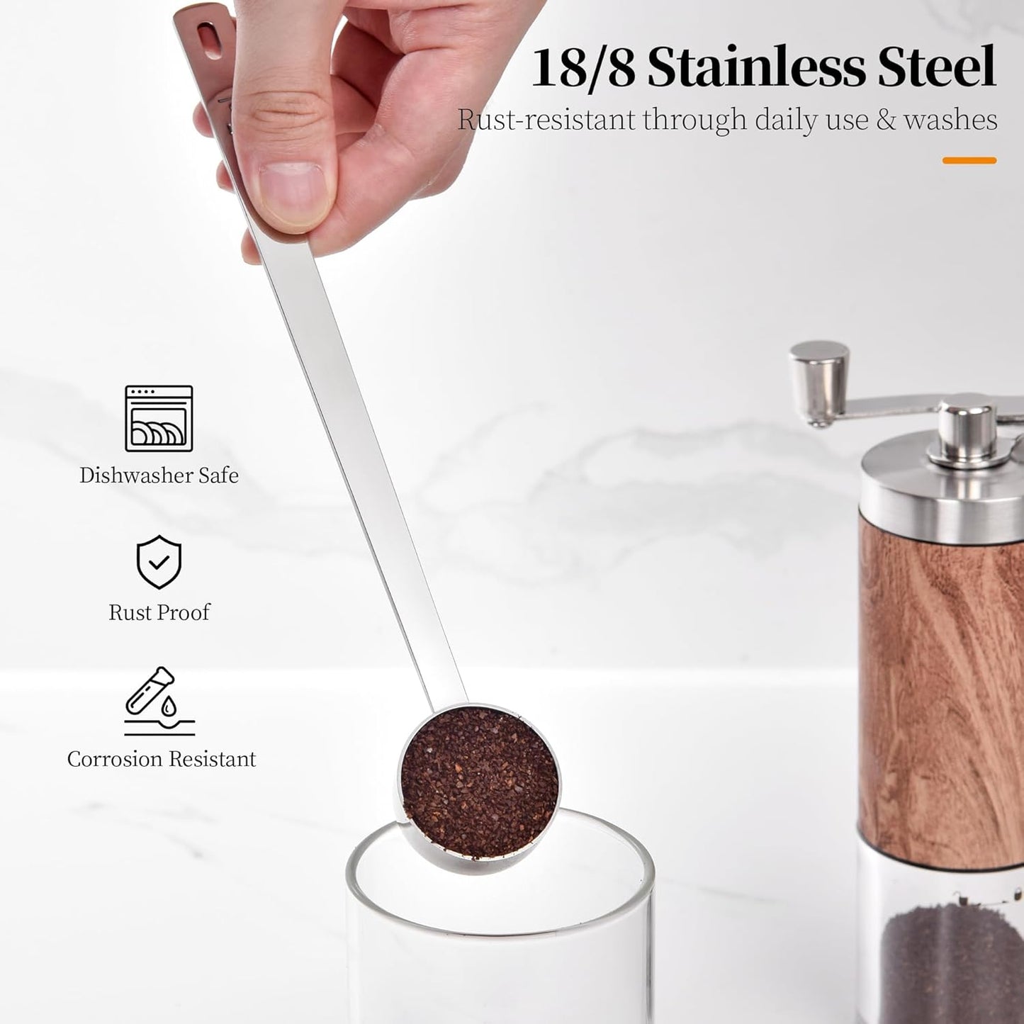 Long Handle Coffee Scoop: 8.3 Inch 18/8 Stainless Steel 1 Tablespoon Metal Measuring Spoon Tbsp Scoop for Coffee Beans, Grounds Coffee, Coffee Powder, Tea, Tall Jars (1Tbsp/15ml)