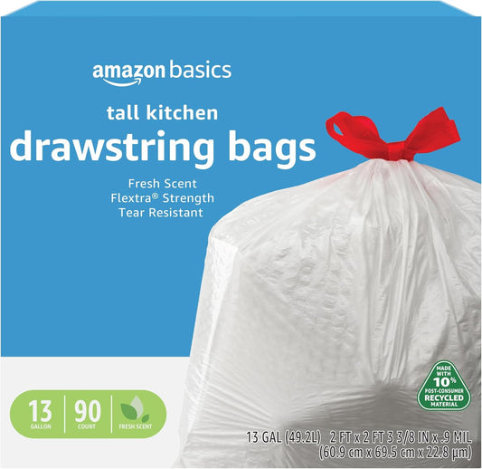Amazon Basics 13 Gallon Flextra Strength Tall Kitchen Drawstring Trash Bags, Tear Resistant, 10% Post Consumer Recycled, 90 Count