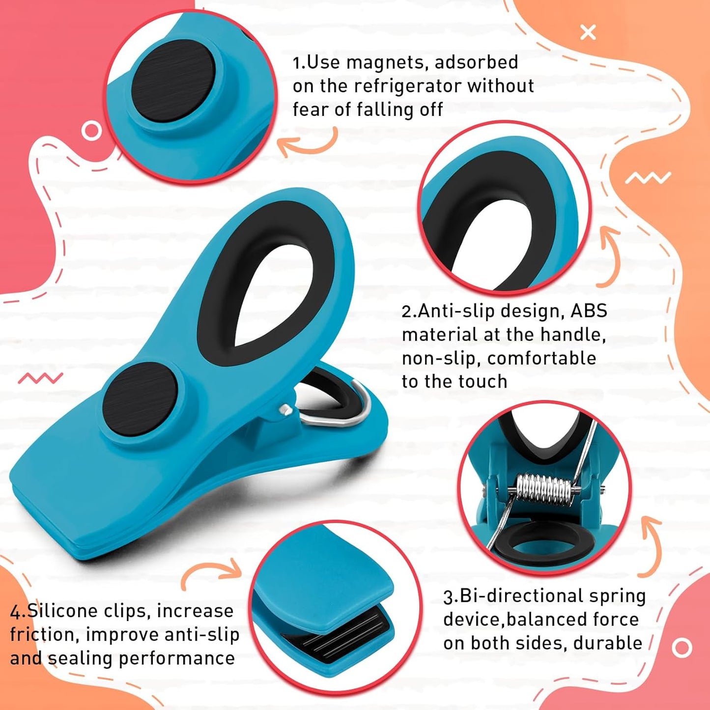 FINDMAG 12 Pack Chip Clips, Big Food Clips Blue Magnetic Clip, Magnetic Bag Clips with Airtight Seal for Chips, Bread, Snacks, Fridge Organize, Kitchen Storage, Note