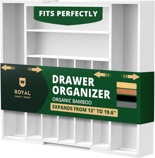 ROYAL CRAFT WOOD Luxury Bamboo Kitchen Drawer Organizer - Silverware Organizer - Utensil Holder and Cutlery Tray with Grooved Drawer Dividers for Flatware and Kitchen Utensils (9 Slot, White)