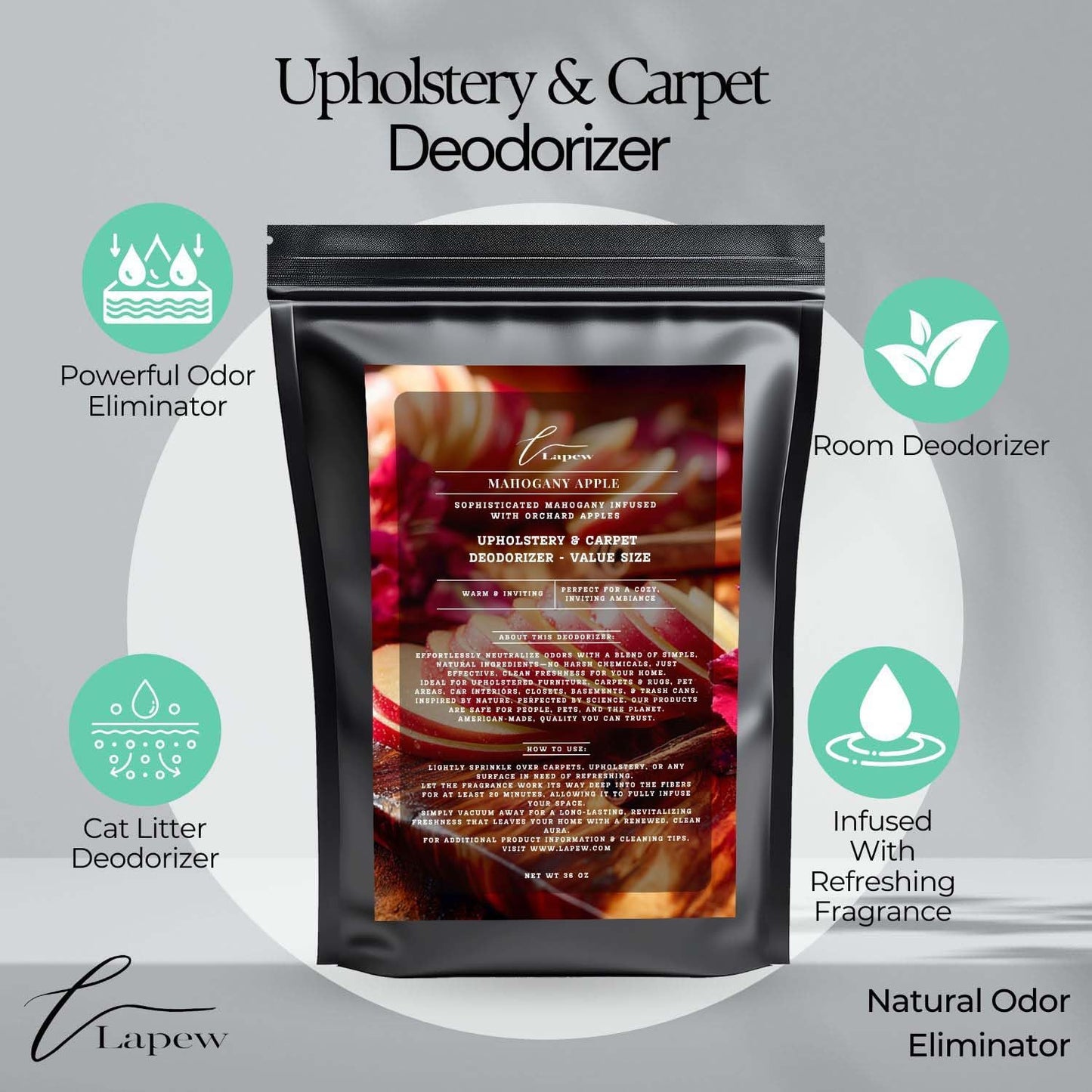 Mahogany Apple Carpet Freshener Powder Refill 36 oz | Powerful Odor Eliminator for Home | Upholstery Deodorizer | Carpet Deodorizer | Pet Urine | Cat Litter Box