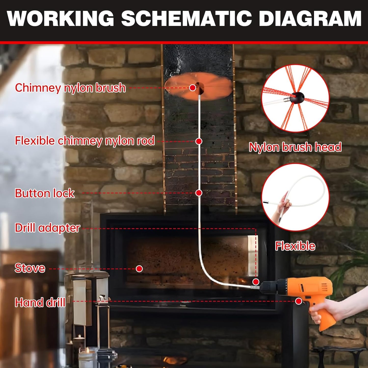 Chimney Sweep Kit - 46 Feet, Chrome Button Locking System, 14 Flexible Rods