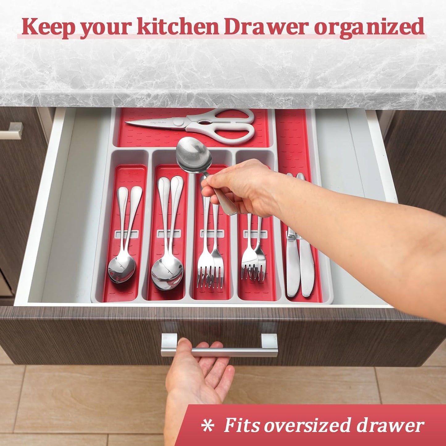 Silverware Organizer with Cutlery Icons，Silverware Tray for Kitchen Drawer，Plastic Flatware Tableware Cultery Drawer Organizer Utensil Organizer with Non-slip TPR Linings，6-Compartment