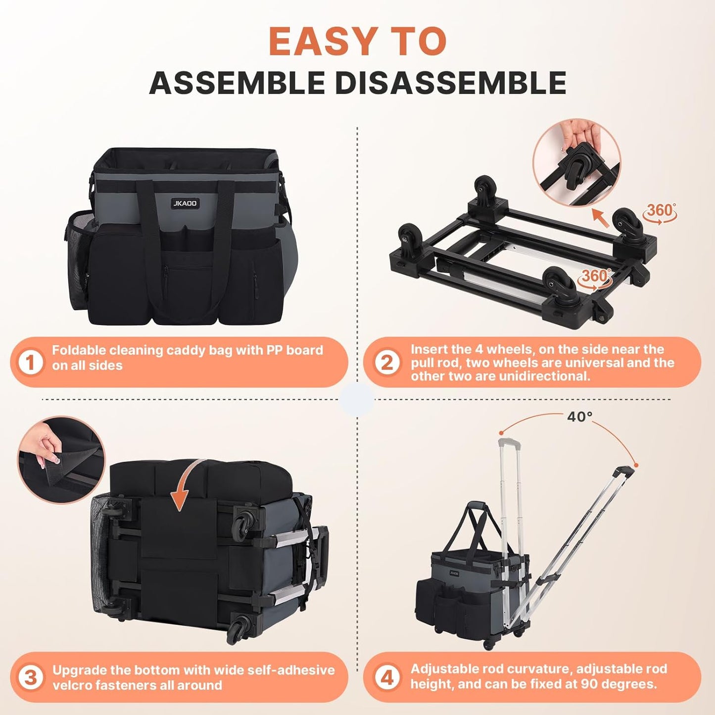 Large Rolling Cleaning Caddy Bag with Detachable Trolley, Waterproof Cleaning Caddy on Wheels for Housekeepers, Cleaning Cart Supplies Organizer for Home,Car,Office,Picnic(Gray)(InPatent)