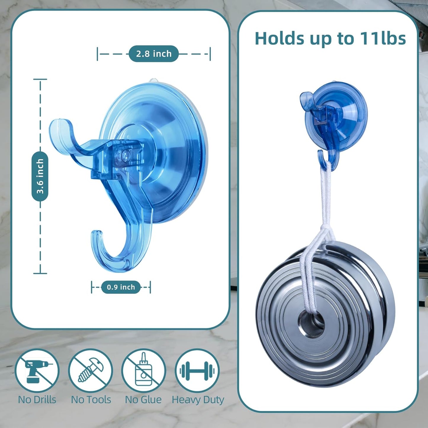 Antimbee Suction Hooks, 5 Pack Clear Hanger, Removable Small Suction Cups for Shower, Bathroom, Glass, Door, Windows, Kitchen - Up to 11 lbs on Smooth Surface - 2 Hooks Design (Transparent Blue)