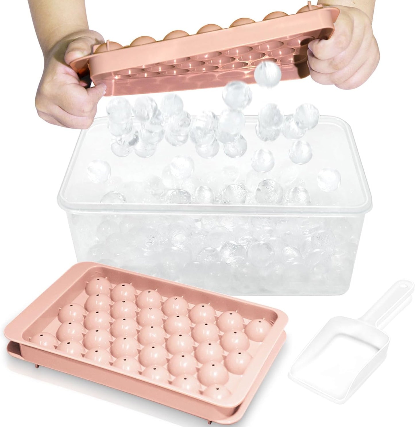 WIBIMEN Ice Cube Tray with Lid and Bin - Round Ice Trays for Freezer with Lid - Ice Cube Trays for Freezer with Ice Container (1"-2PACK Pink)
