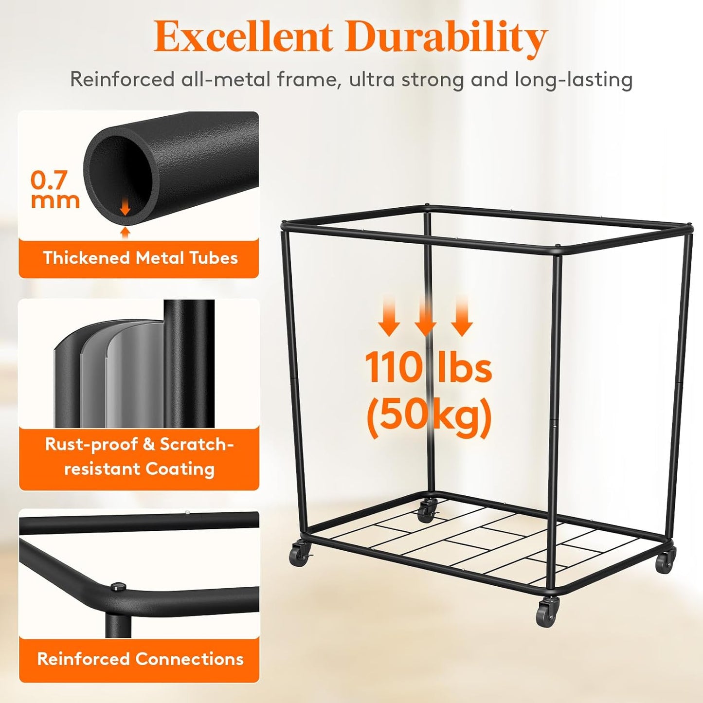 Lifewit 330L Laundry Basket with Wheels, Large Heavy Duty Commercial Rolling Laundry Hamper with Handles, Tall Steel Frame Laundry Cart for Laundry Room Bedroom Hotel Home Dorm, Black