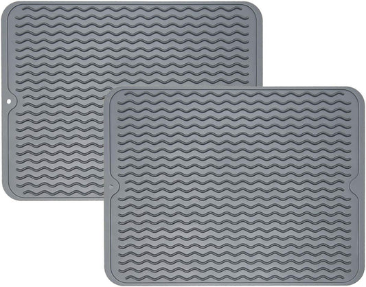 ZLR 2 Pcs Silicone Dish Drying Mats for Kitchen Counter, Eco-Friendly Fast Dry Dish Mat, Easy Clean Multi Usage Drying Matt, Heat Resistant Trivet, 12" x 16" Large, Gray