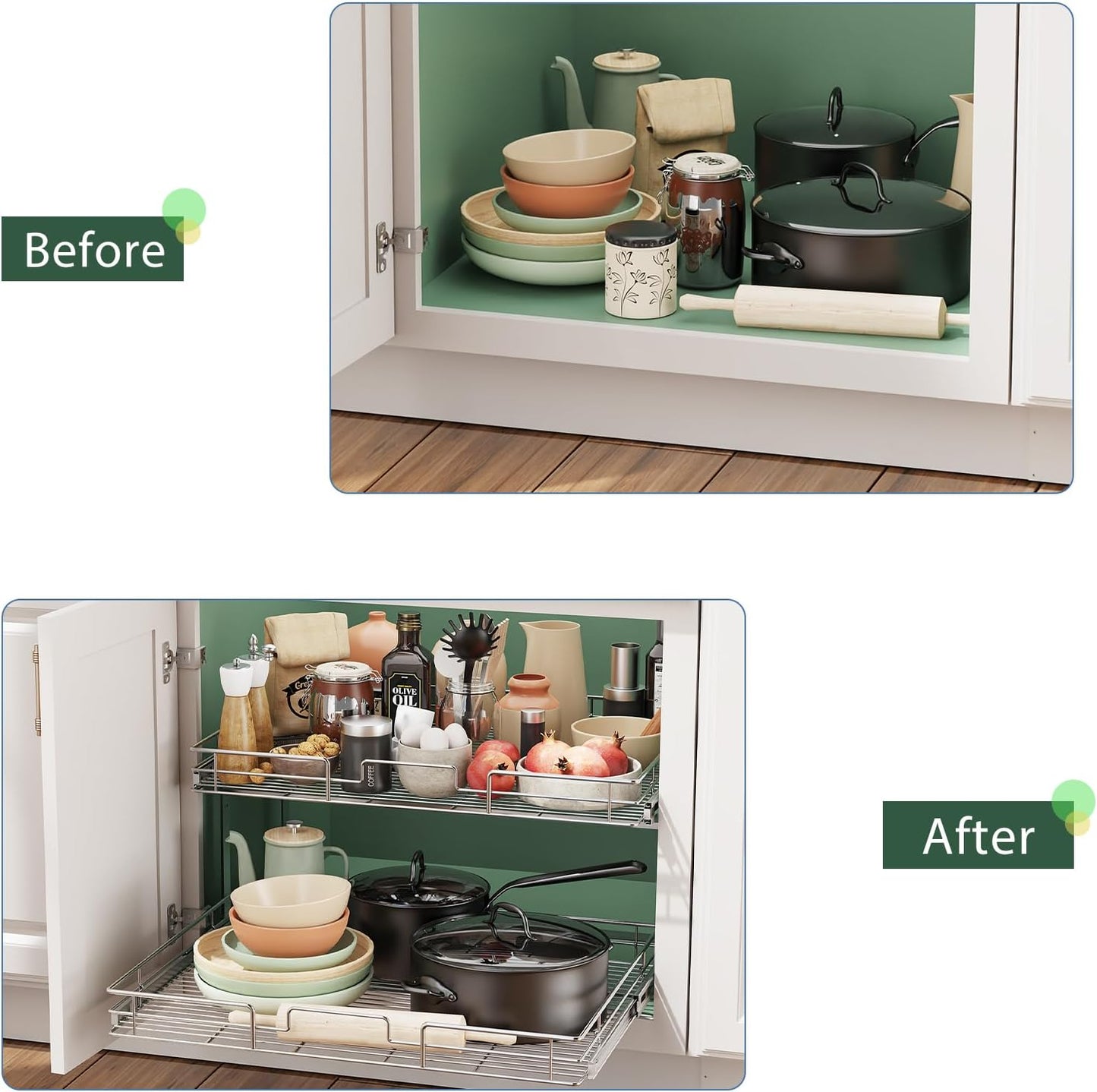 LOVMOR 2 Tier Individual Pull Out Cabinet Organizer 25½" W x 21½" D, Slide Out Kitchen Cabinet Storage Sliding Shelves