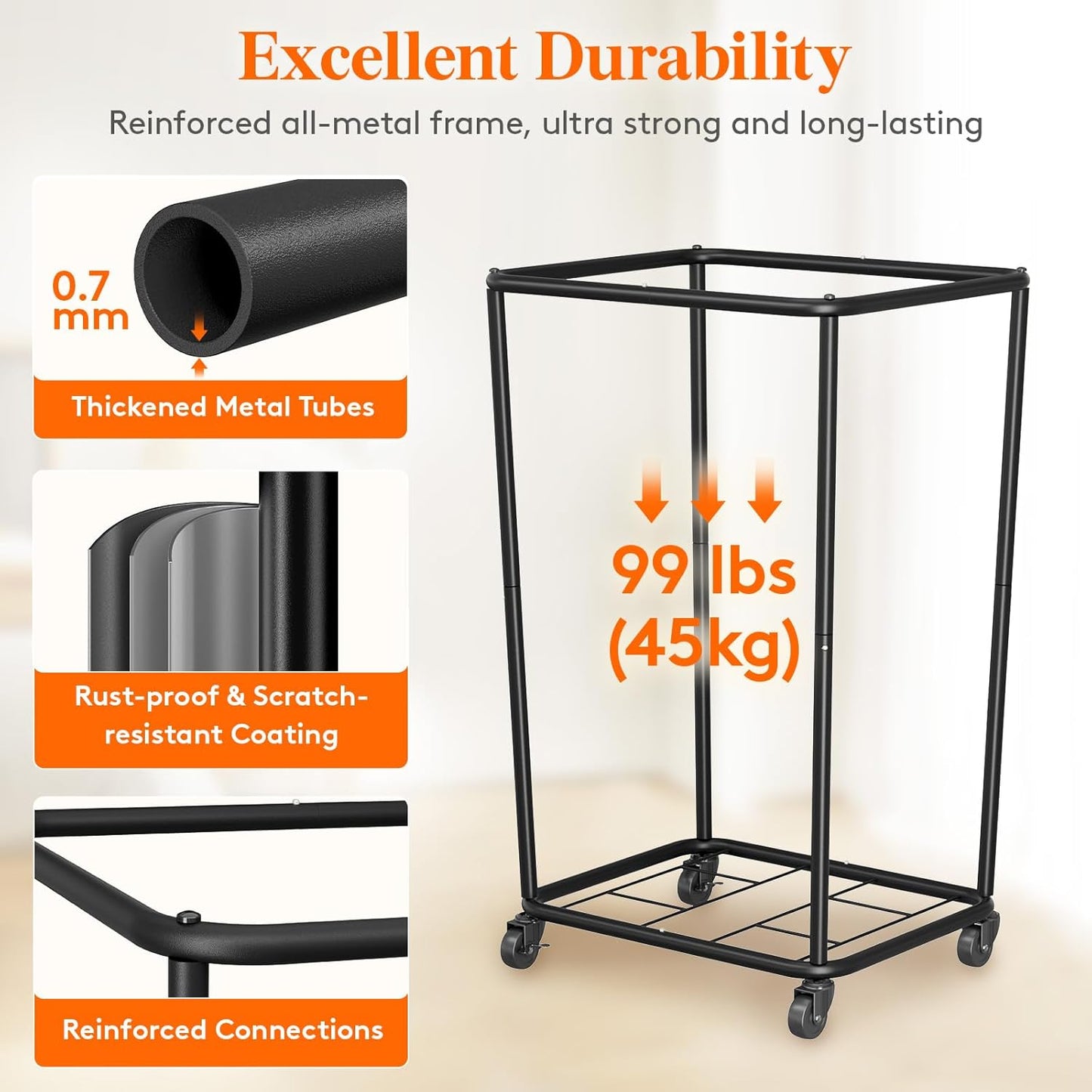 Lifewit 165L Laundry Basket with Wheels, Large Heavy Duty Commercial Rolling Laundry Hamper with Handles, Tall Steel Frame Laundry Cart for Laundry Room Bedroom Hotel Home Dorm, Black