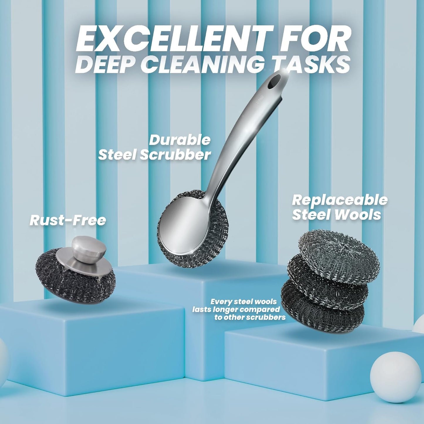 Steel Wool Scrubber Dish Brush Set with Handle, Deep Cleaning Scrubber Set, Silver