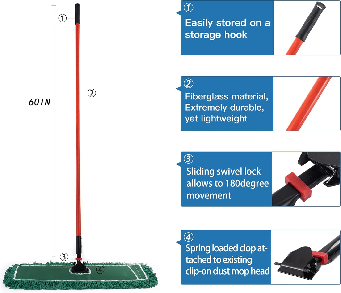 Matthew Cleaning Jaw Clamp Mop Handle, Snap-On Fiberglass Dust Mop Handle for Floor Cleaning, Gripper Holder with Clip-On Connector for Janitorial Supplies, Commercial Use,Restaurants, 60 Inches Red