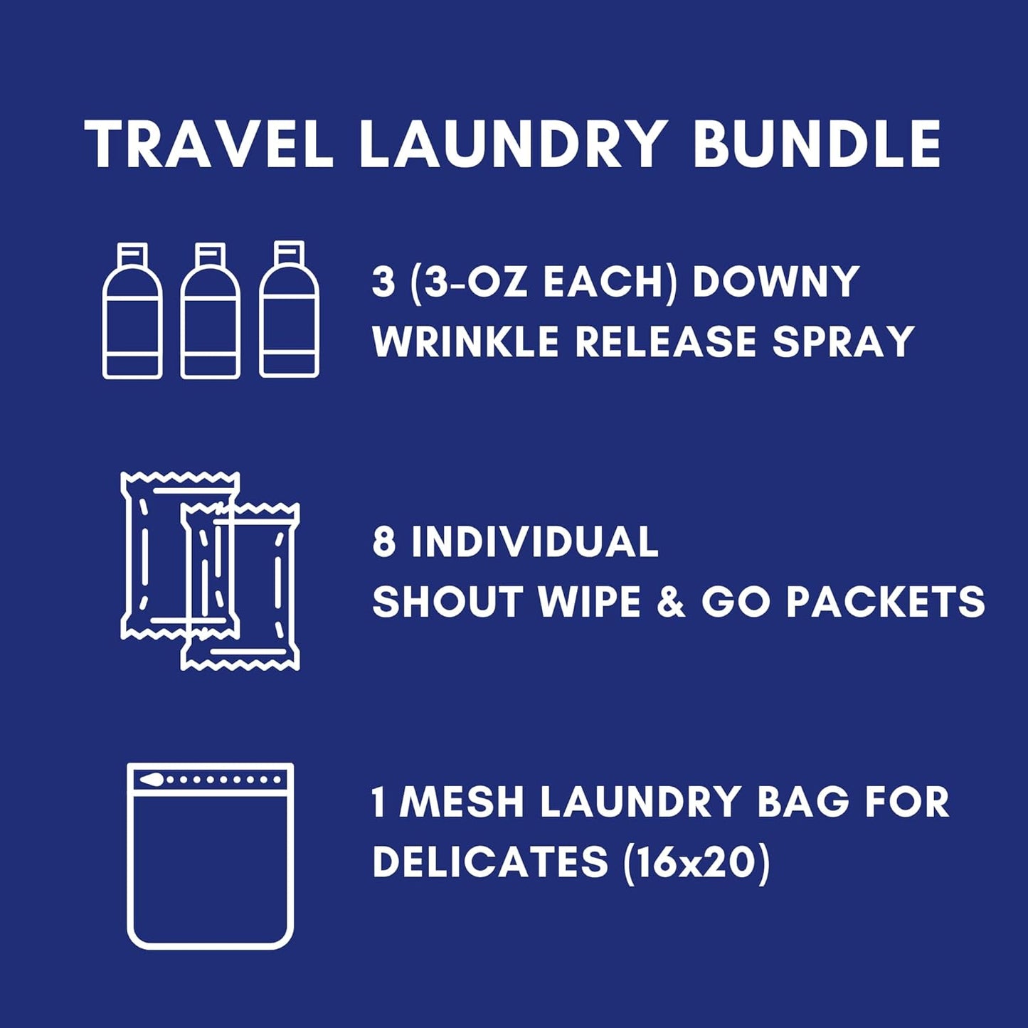 Downy Wrinkle Releaser Spray Travel Size 3 oz (Pack of 3), 8 Shout Wipes Individually Wrapped with Laundry Bag Gift Bundle, Ultimate Downy Wrinkle Release Spray & Shout Stain Remover Kit