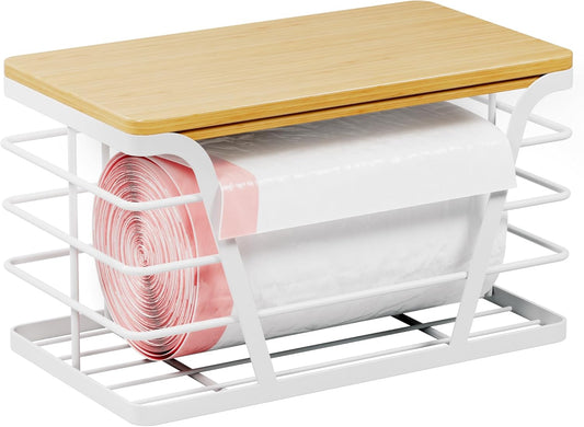 Small Grocery Bag Holder, Trash Bag Dispenser with Removable Bamboo Top, No Drill,White