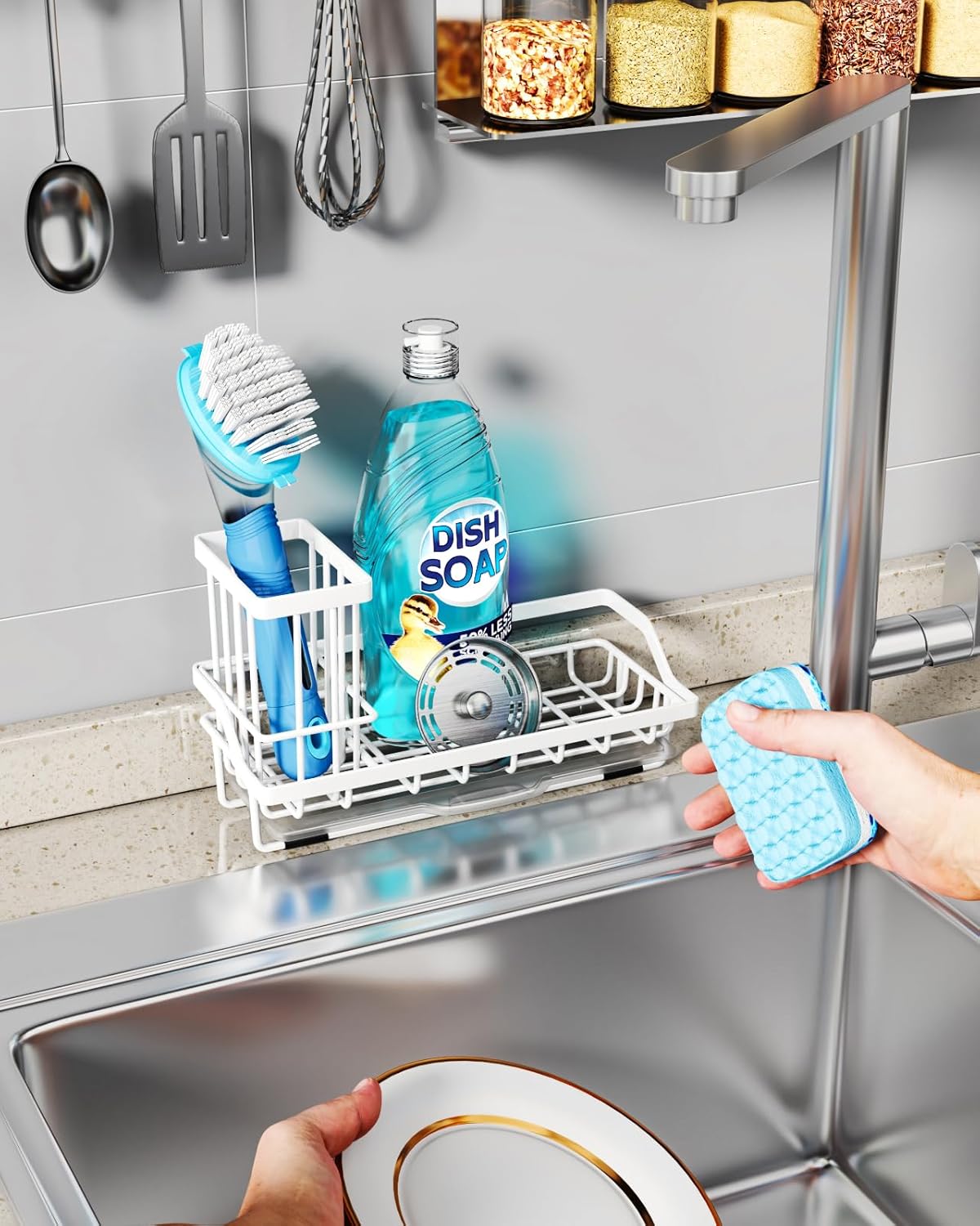 Consumest Sponge Holder for Kitchen Sink - Sink Caddy Organizer with Removable Drip Tray for Countertop Dish Soap Dispenser Brush Storage Kitchen Accessories 304 Stainless Steel, White