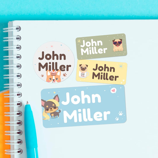 Personalized Name Tag Stickers for Kids (130+ Pack) | Dog Waterproof Labels for School Supplies, Bottles & Lunch Boxes | Custom Vinyl Name Labels for Clothing, Toys & More (G. Dogs)