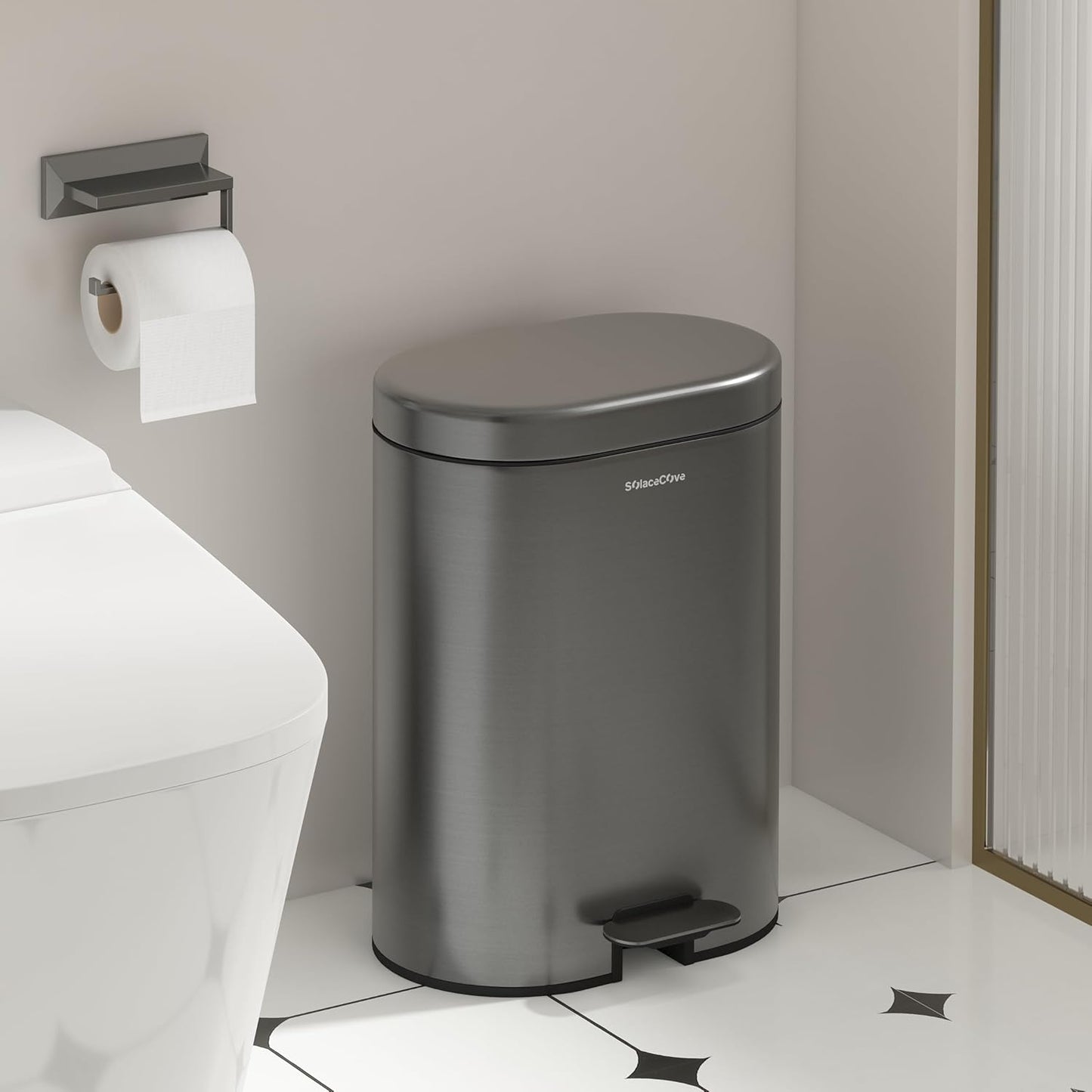 3.2 Gallon Small Bathroom Step Trash Can with Removable Inner Bucket,Round Stainless Steel Garbage Bin with Soft Close Lid for Bedroom(Volcanic Gray)