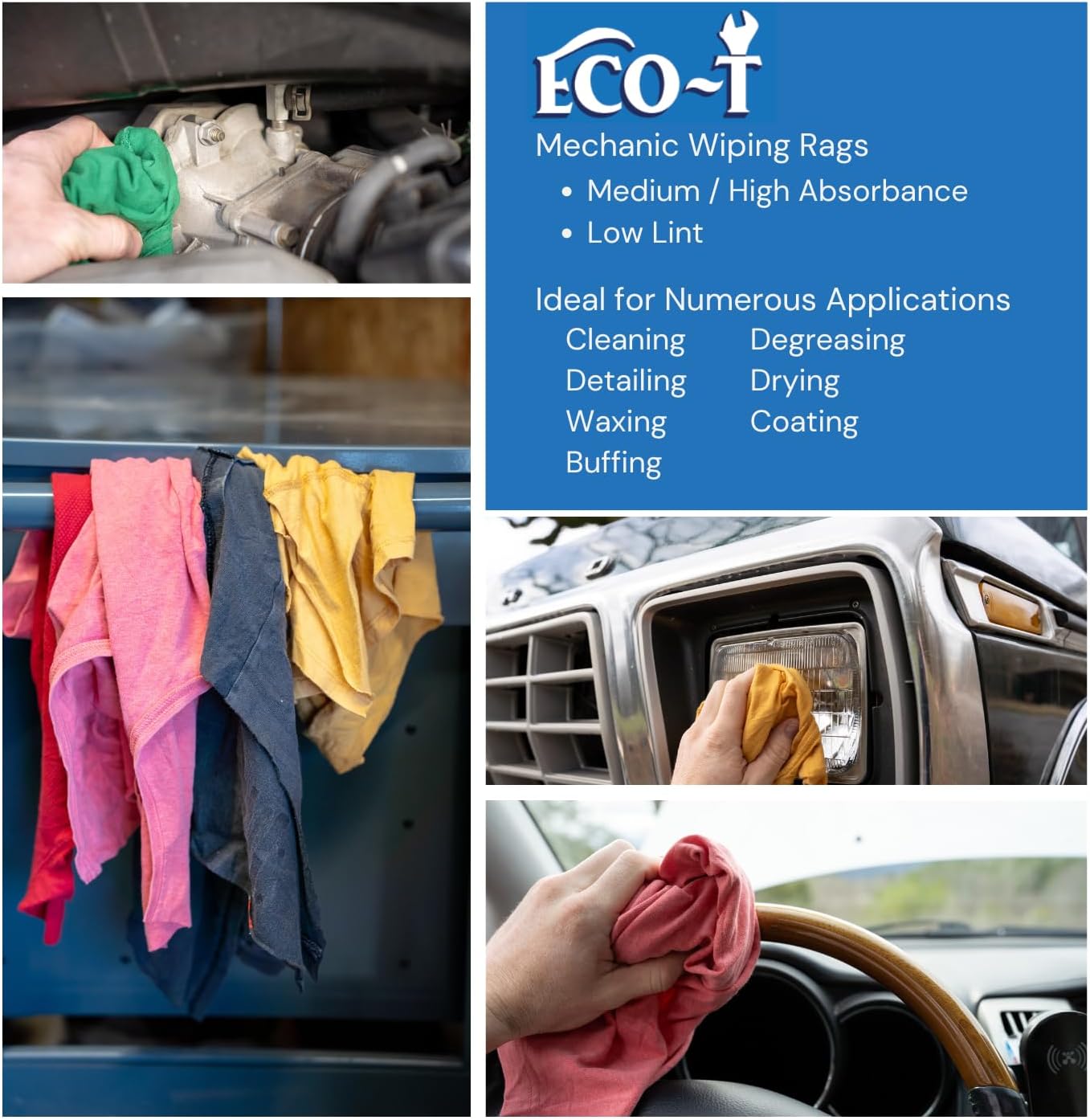 4 Lb Bag Eco-T Mechanic Shop Rags - Colored T-Shirt Material, 100% Recycled, Eco-Friendly, High Absorbency, Low Lint, Low-Cost, Industrial Use Wiping Cloth