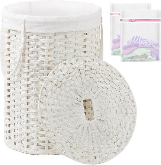 Laundry Basket with Lid Round Rattan Laundry Hamper with Lid and Handles 29.1 Gal (110 L) Handwoven Woven Basket with Removable Bags and 2 Mesh Bags for Bathroom Living Room White