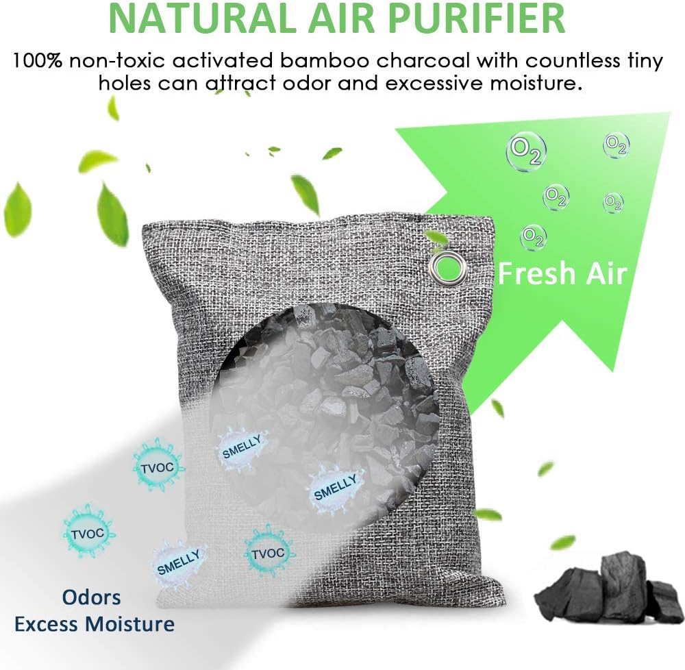 NIYIKOW Charcoal Bags Odor Absorber (Large, 4Pack x 200g), Nature Fresh Bamboo Charcoal Air Purifying Bags, Activated Charcoal Odor Absorber for Home, Car, Closet, Pets, Basement Odor Eliminator -Grey
