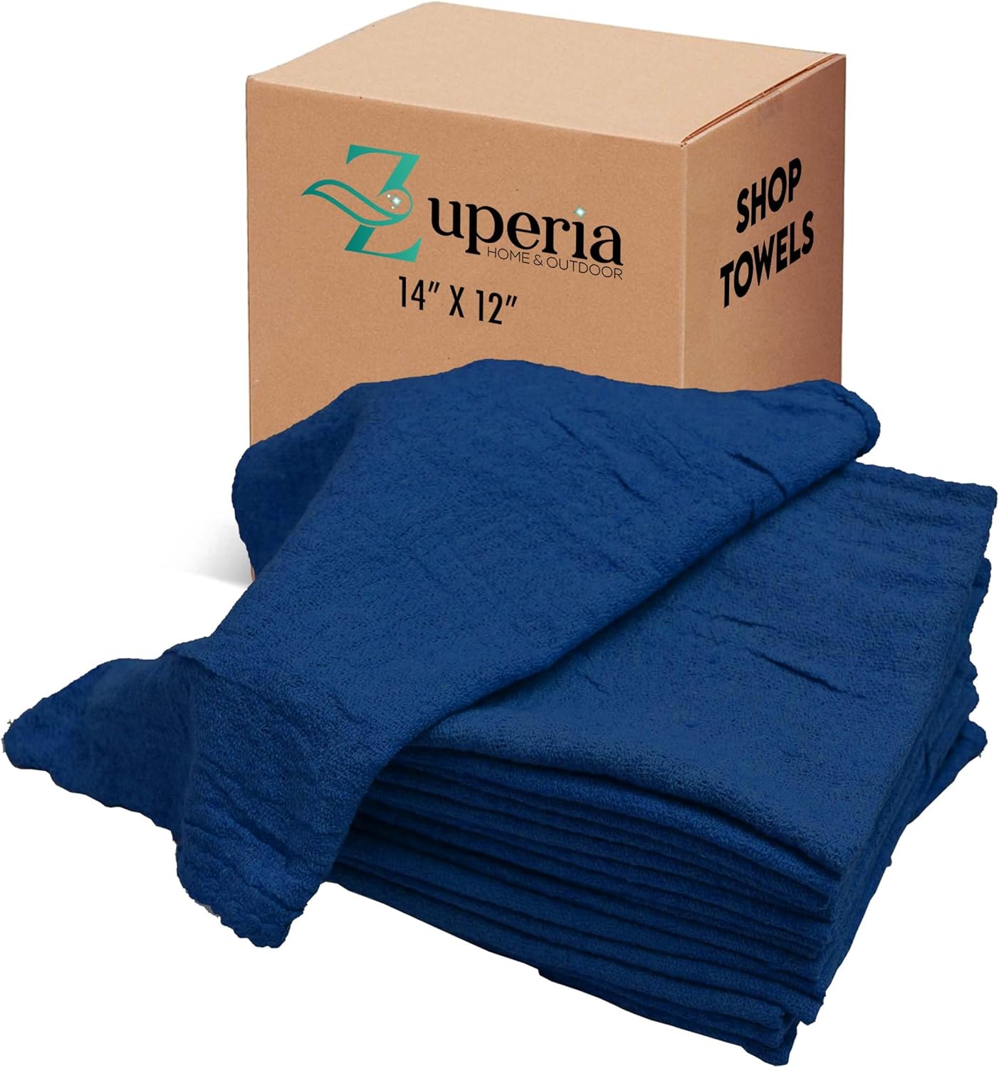 ZUPERIA Cotton Shop Towel – Multipurpose Cleaning Cloths (14" x 12" - Pack of 100 - Blue) Reusable Shop Rags for Automobiles, Industrial, Restaurants, Garage, and Homes