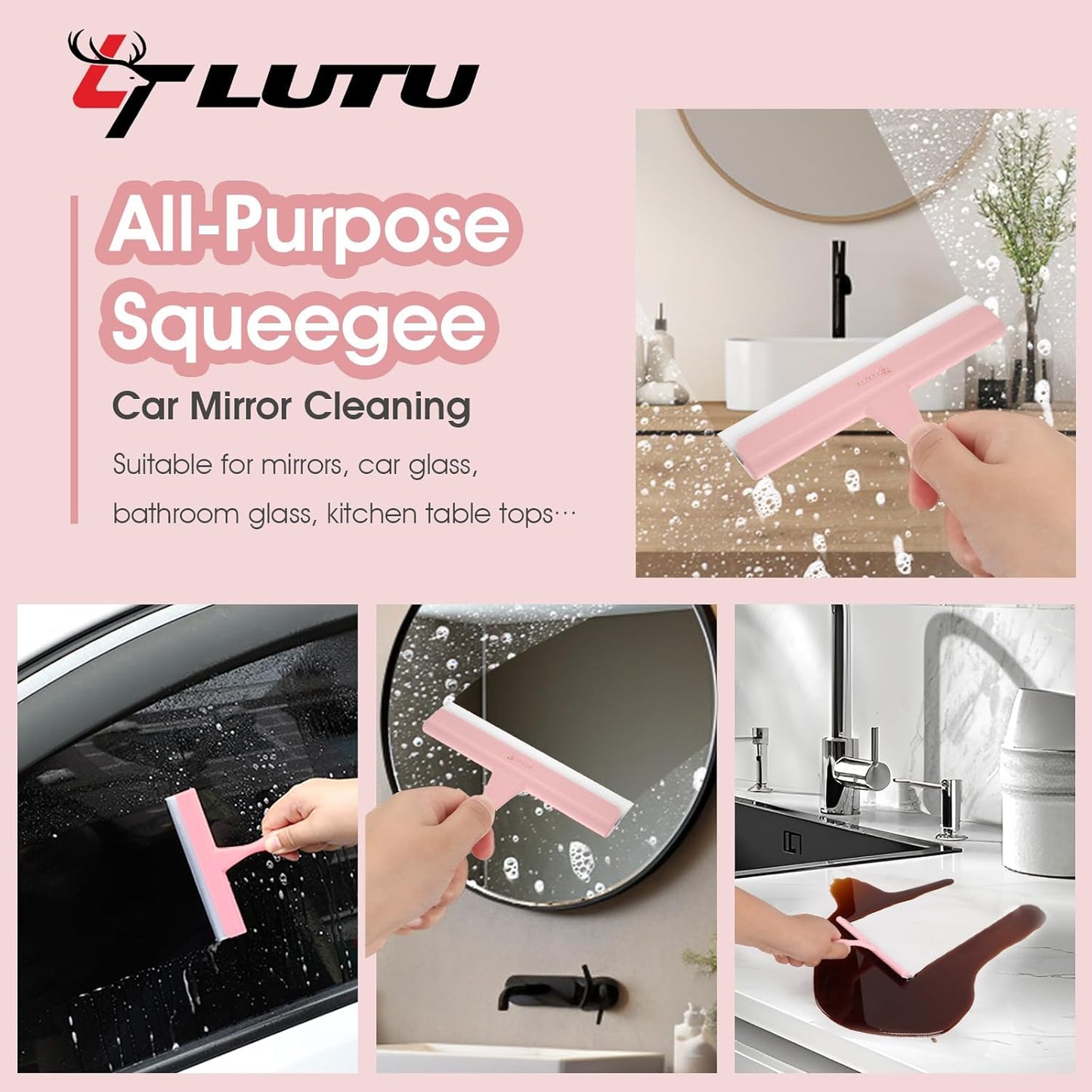 5" Silicone Shower Squeegee for Glass Doors & Car Windows - Small & Mini Size Streak-Free Cleaner, Bathroom, Mirror, Tile Scraper - Compact Pink with Hanging Hole, Kitchen Safe Water Blade