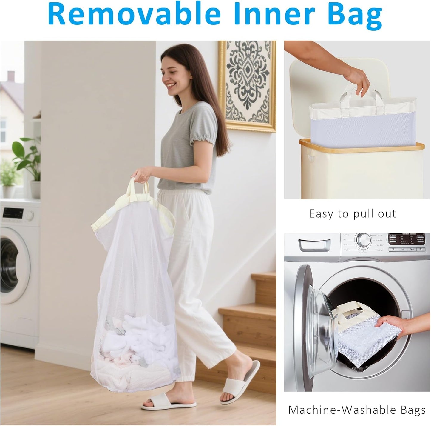 efluky Laundry Basket with Lid and Removable Bag, 100L Tall Laundry Hamper with Bamboo Handles, Aesthetic Dirty Clothes Bin for Laundry Room, Bathroom, Bedroom and Dorm, Beige