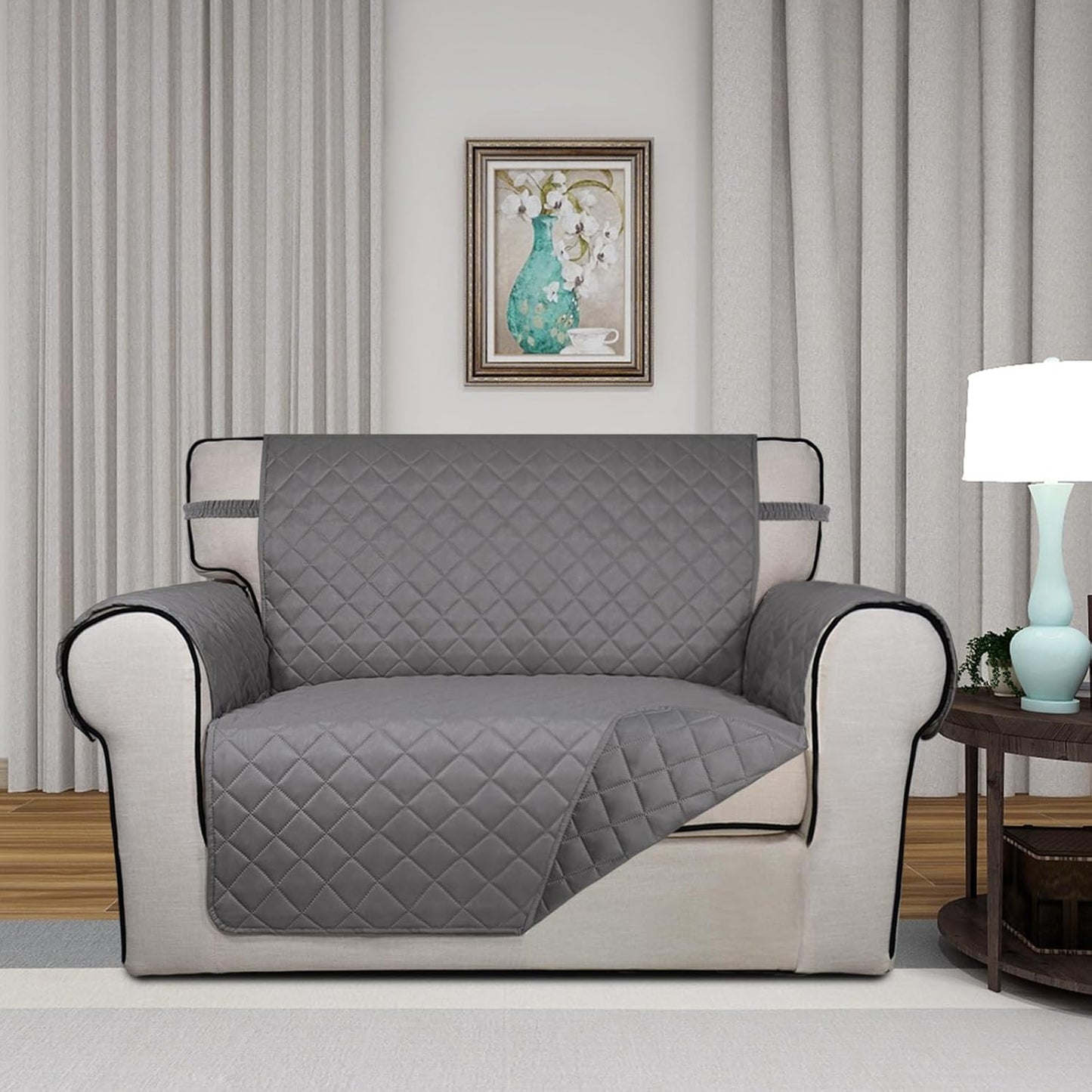 PureFit Reversible Quilted Sofa Cover, Water Resistant Slipcover Furniture Protector, Washable Couch Cover with Non Slip and Elastic Straps for Kids, Dogs, Pets (Oversized Chair, Gray/Gray)