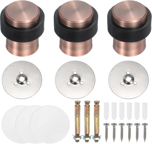 PATIKIL 3Set Round Door Stoppers, 46mm Stainless Steel Door Stop Doorstop Wedge Metal Cylinder Self Adhesive with Screw for Bottom of Door Floor Inside, Copper Tone