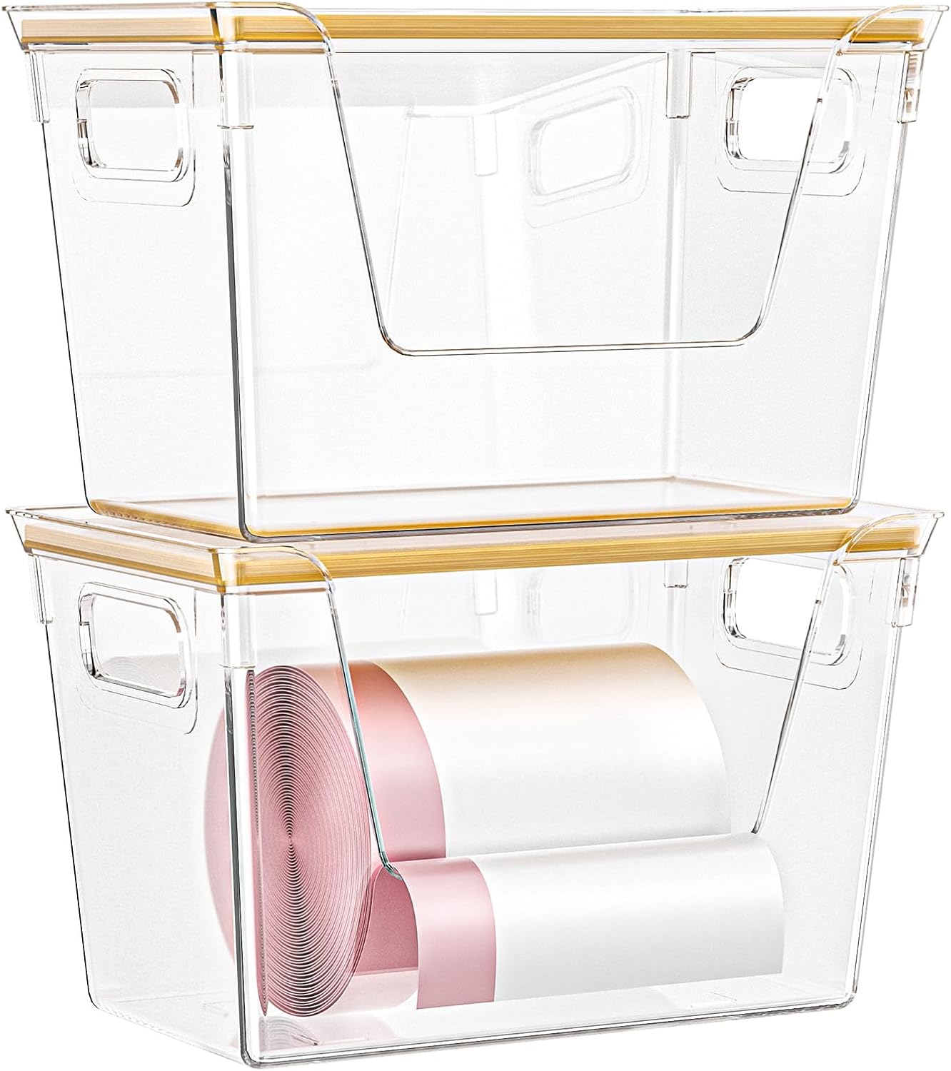 2 Pack Stackable Storage Trash Bag Holder with Bamboo Top, Large Garbage Trash Bag Dispenser, laundry room organization, Kitchen Pantry Organizer Storage for Onion, Potato, Snack