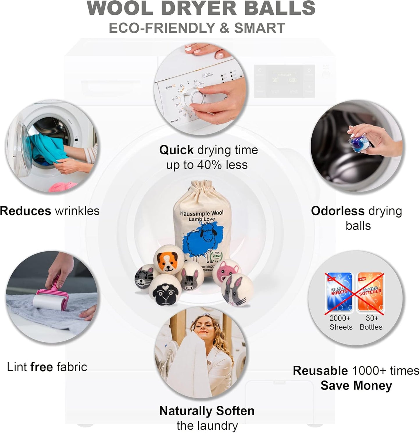 Wool Dryer Balls – 6-Pack XL Organic Fabric Softener | Natural Handmade Sheep Wool | Reusable, Anti-Static, Lint & Wrinkle Remover | Safe for Baby & Sensitive Skin (Farm)