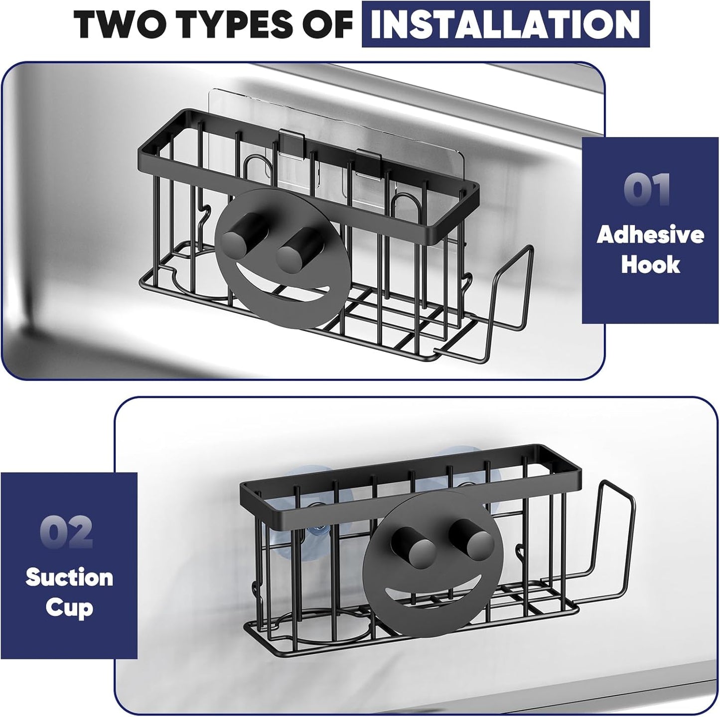Sponge Holder for Kitchen Sink,Sink Caddy Smiley Face,4-in-1 Sponge Holder with Suction Cups & 1 PCS Adhesive Strips for Holding Soap,Brush,Scrubber,Sponge,Stopper-Black