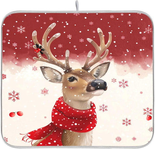 Christmas Reindeer Dish Drying Mat for Kitchen Countertop 16x18 Winter Snowflake Red Xmas Small Drying Mat Reusable Quick Dry Dish Sink Mats Easy Clean Decorative Essentials