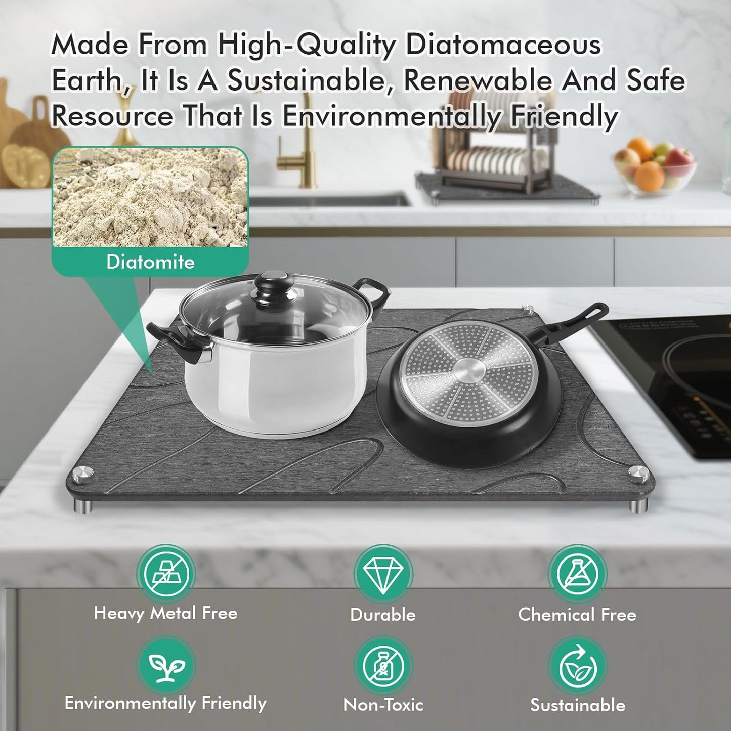 Stone Drying Mat For Kitchen Counter Superb Absorbent Diatomaceous Earth Mats with Non-Slip Feet Quick Dry Stone Dish Drying Pad Dish Pad Multi-Purpose(Flow Line-DarkGrey, 15.7" x 11.8")