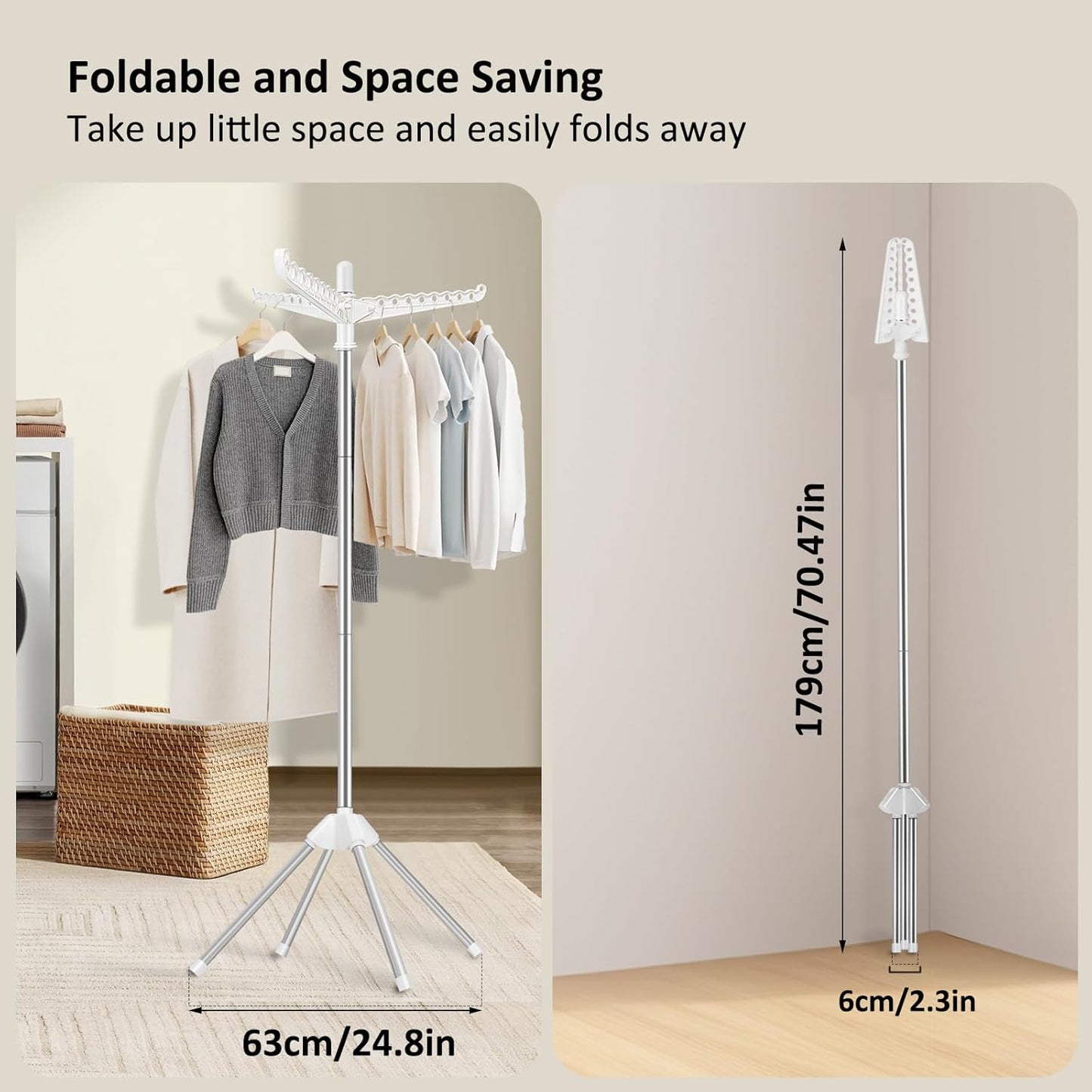 SUYU Clothes Drying Rack, Foldable Drying Rack Clothing, Laundry Drying Rack, 59-Inch Indoor Clothes Airer with 3 Rotatable Arms, Stainless Steel,4 Legs,White and Silver SNJ101