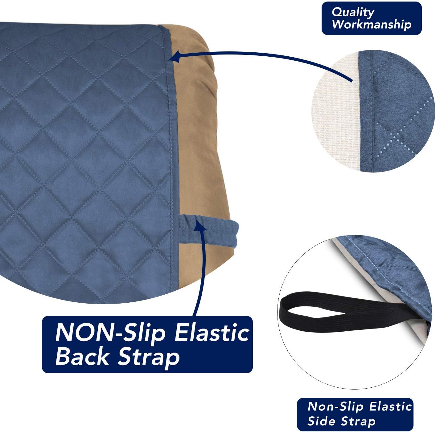 PureFit Reversible Quilted Sofa Cover, Water Resistant Slipcover Furniture Protector, Washable Couch Cover with Non Slip and Elastic Straps for Kids, Dogs (Small Recliner, Dark Blue/Light Blue)