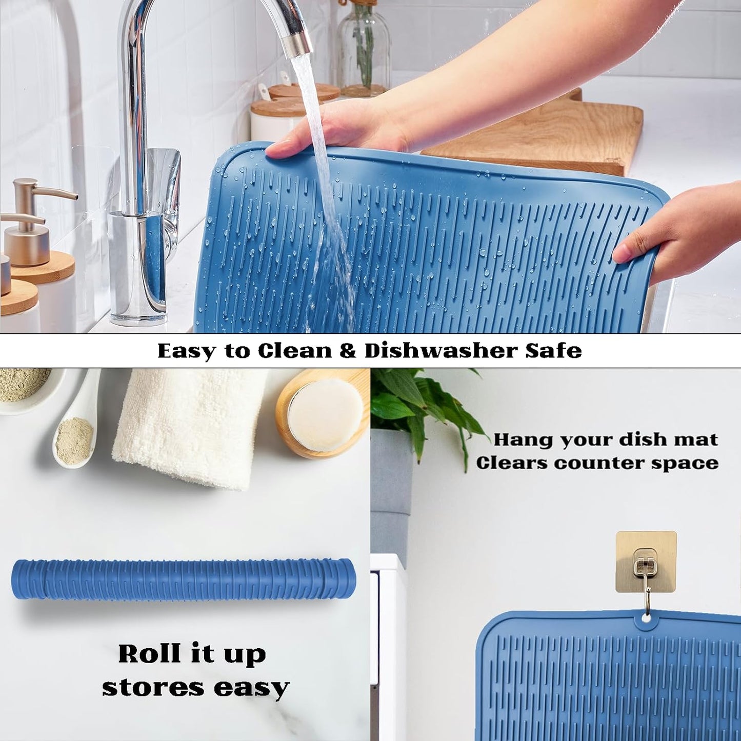 ZLR Silicone Dish Drying Mat for Kitchen Counter, Eco-Friendly Fast Dry Dish Mat, Easy Clean Multi Usage Drying Matt, Heat Resistant Trivet, 16" x 18" XL, Lichen Blue