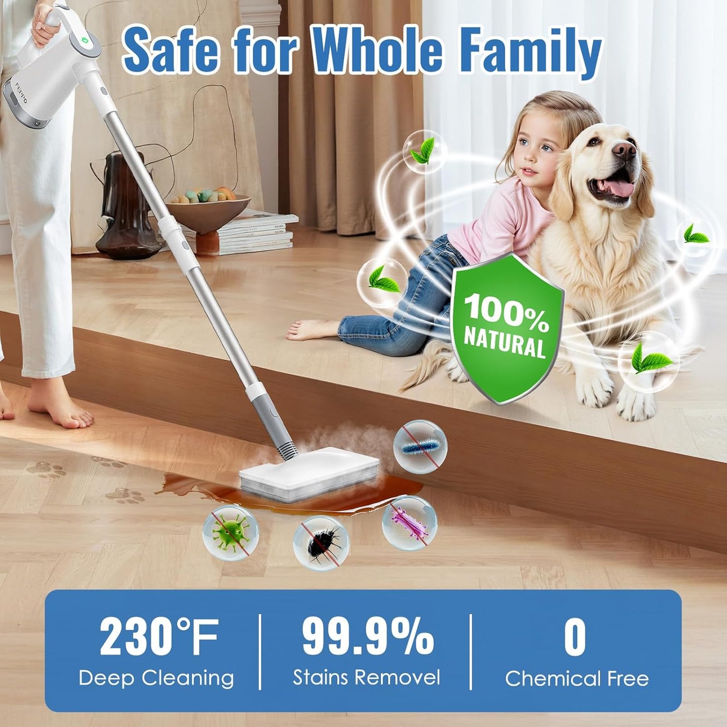 FEPPO Steam Mop with Detachable Handheld Steam Cleaner for Home and Floor Cleaning, 10-in-1 Multi-purpose Attachments & 2 Pads, Powerful Steamer for Floors, Hardwood, Tiles,Grout,Windows,Kitchen,Bath