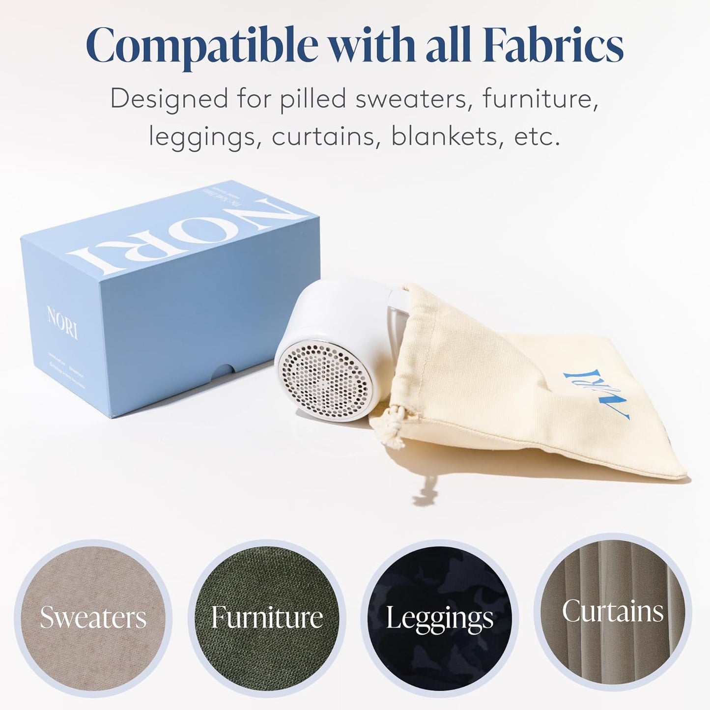 Nori Trim Fabric Shaver - Lint Remover for Clothes & Furniture Couch Pilling - Sweater Pill Remover - Clothes Shaver with 6 Precision Blades - Wireless and Rechargeable - White