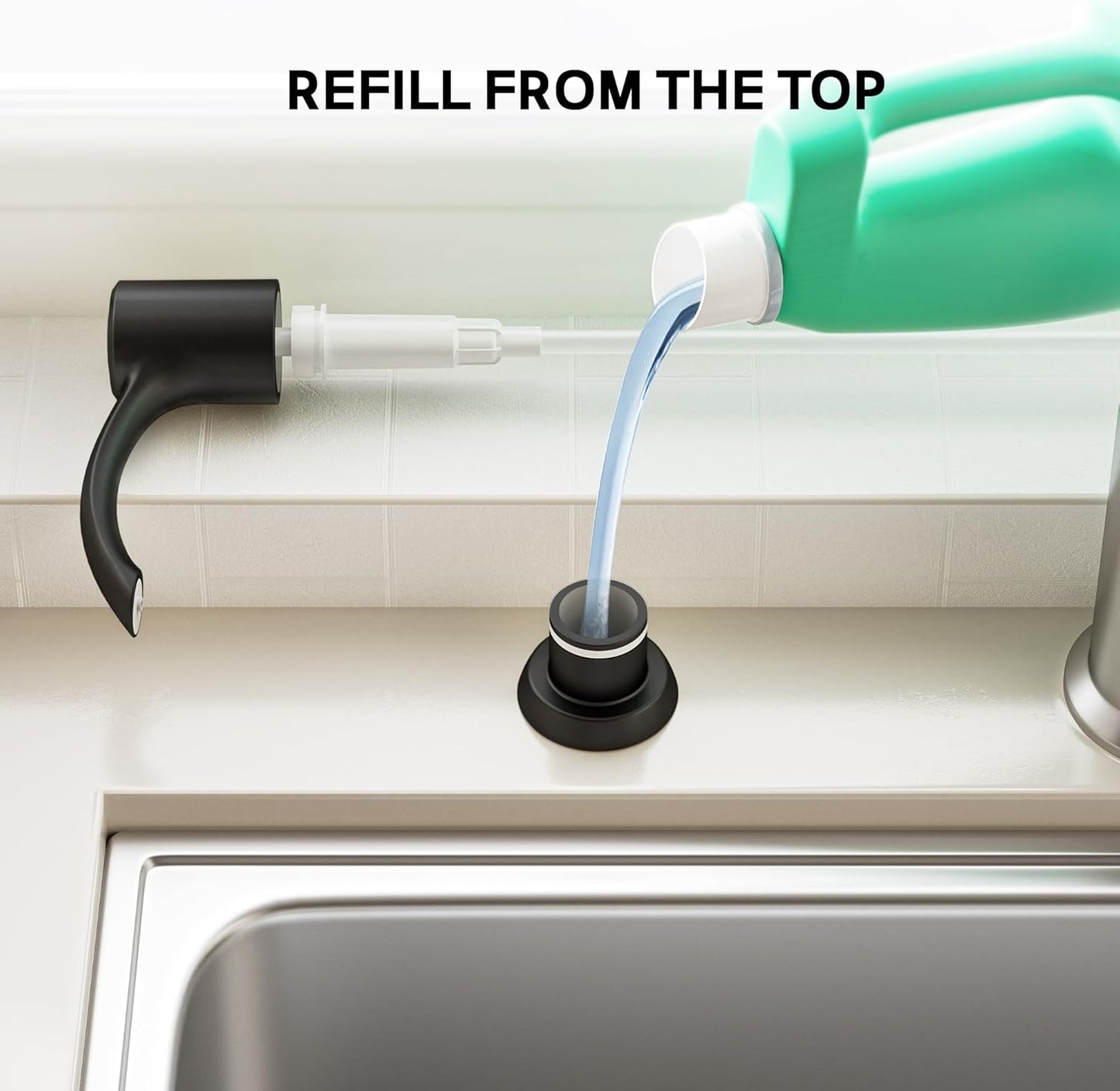 SAMODRA Built in Kitchen Sink Soap Dispenser (Matte Black) with 12 oz Large PET Lotion Bottle, Refill from Top