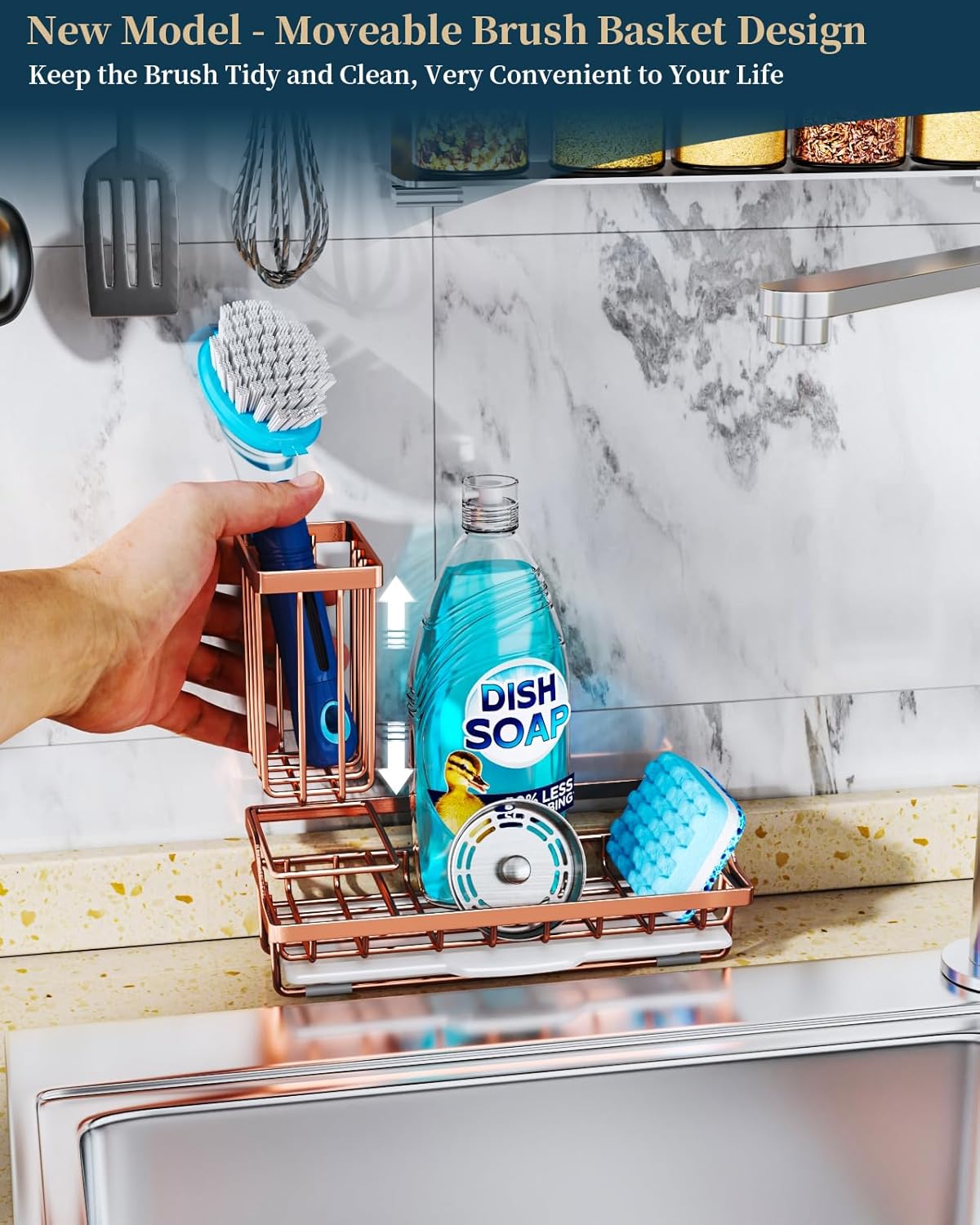 Consumest Sponge Holder for Kitchen Sink - Sink Caddy Kitchen Organizer with Removable Drip Tray for Countertop Dish Soap Dispenser Brush Storage Accessories 304 Stainless Steel, Rose Gold