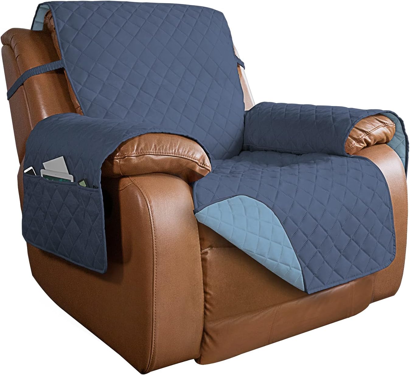PureFit Reversible Quilted Sofa Cover, Water Resistant Slipcover Furniture Protector, Washable Couch Cover with Non Slip and Elastic Straps for Kids, Dogs (Oversized Recliner, Dark Blue/Light Blue)